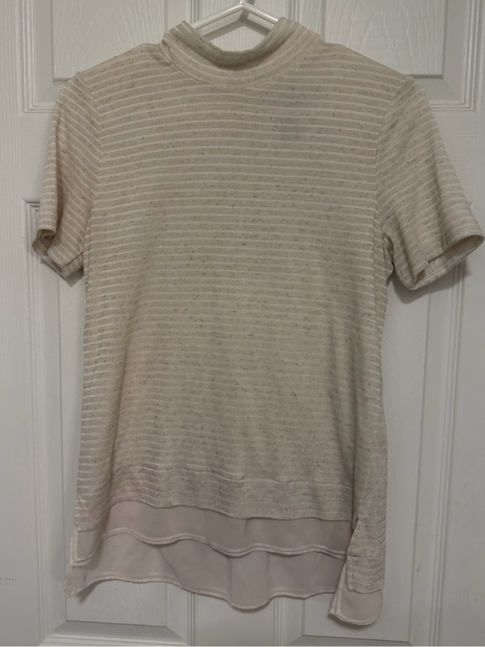 White House Black Market Cream Striped Short Sleeve Mock Neck Top